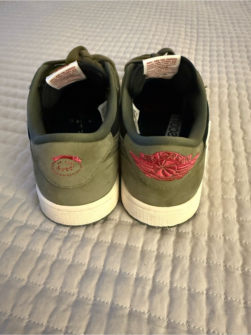 Nike Jordan’s 1 Travis Scott Men's Olive Green, Black and White Low-Top Sneakers - Picture 3 of 7